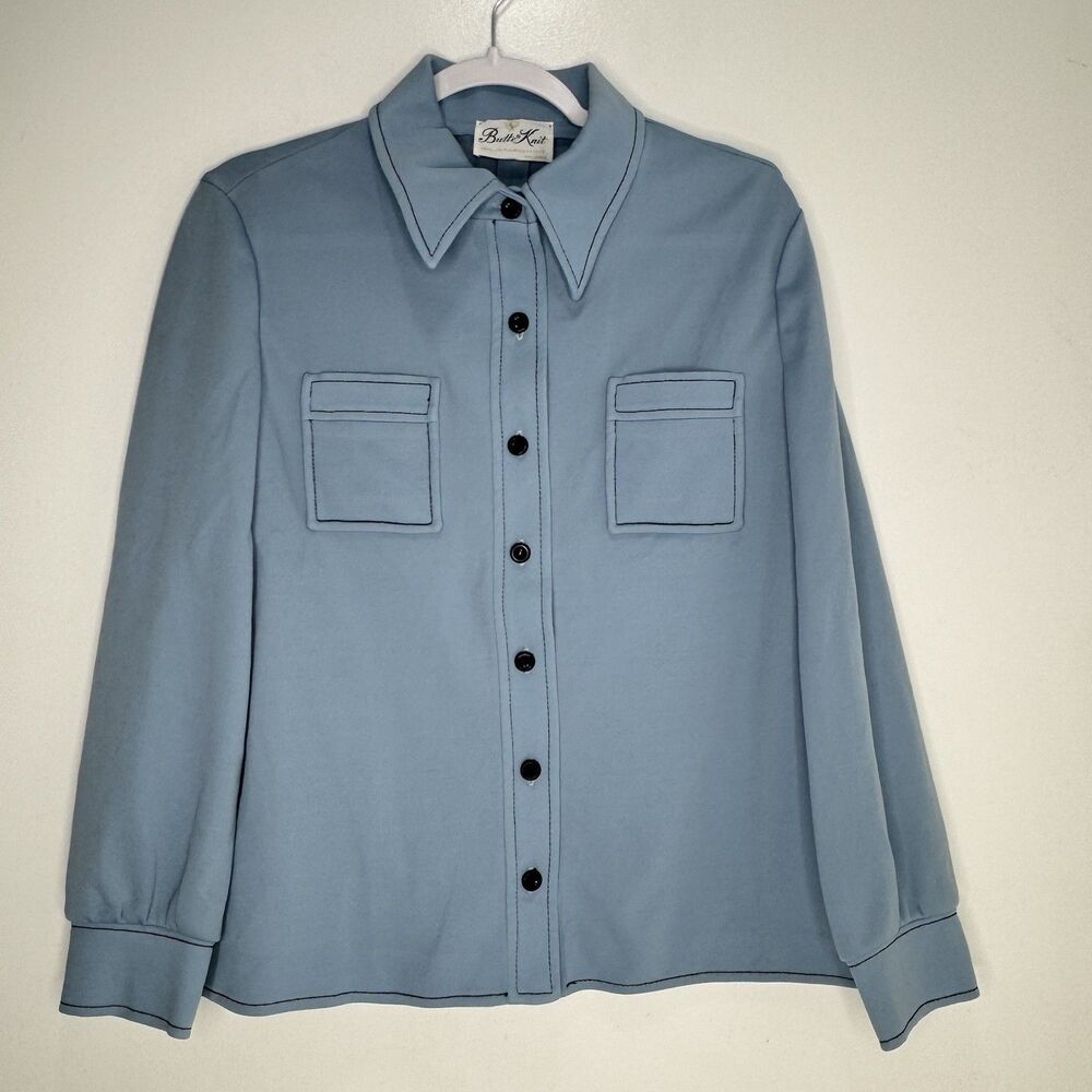 Vtg 60s Butte Knit Jacket Shirt Womens Cardigan Retro Mod  Old Money Powder Blue